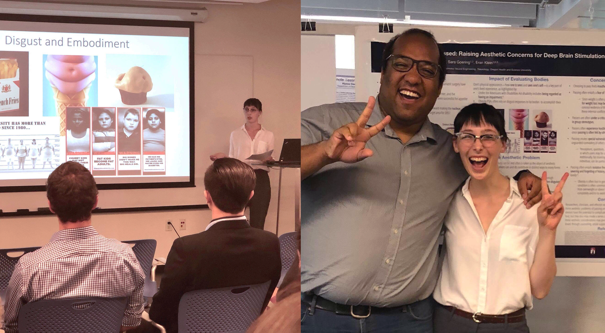 On the left, Hannah Martens stands behind a podium. Behind her is a presentation slide titled “Disgust and Embodiment.” On the right, me and Hannah throw up peace signs in front of her poster.