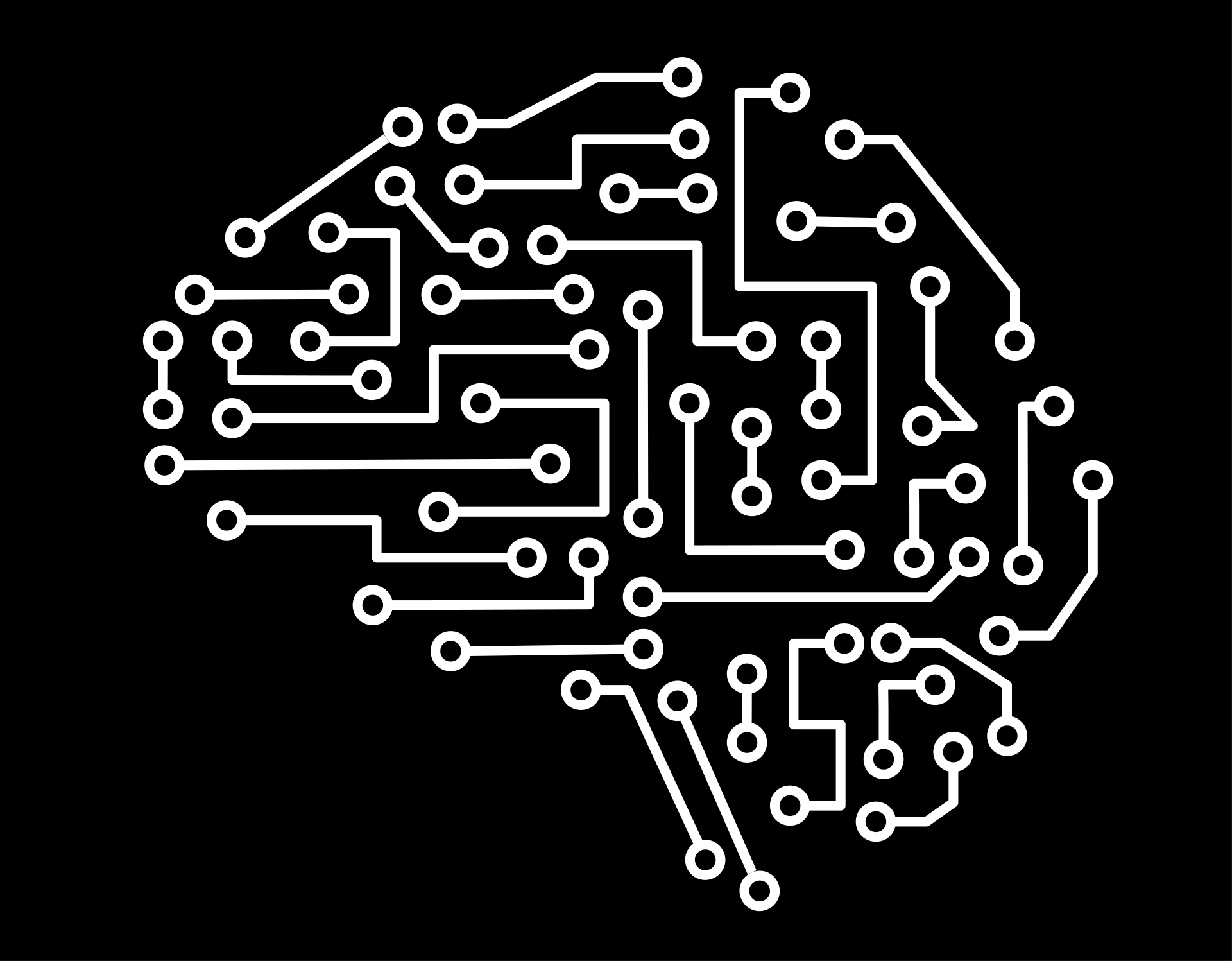 A black-and-white line art graphic of a circuits in the shape of a brain.